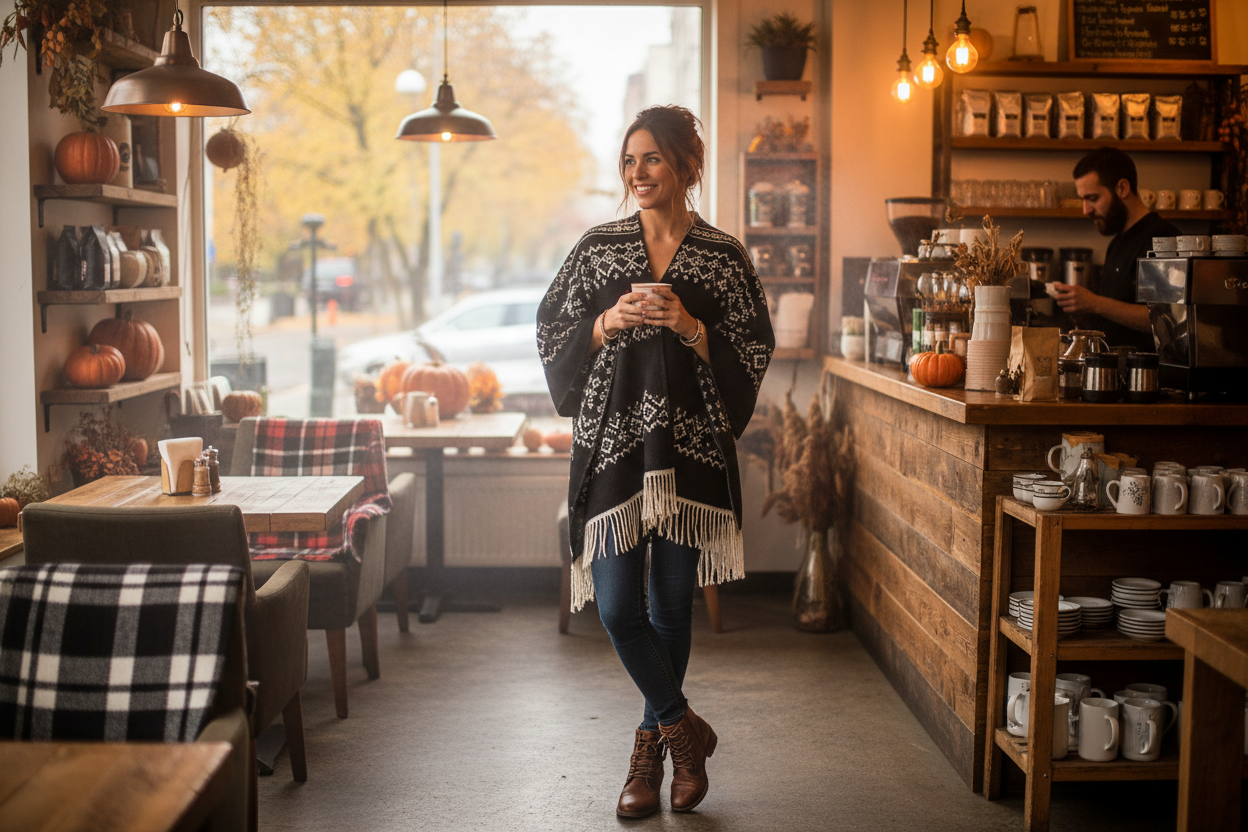 Poncho noir au café