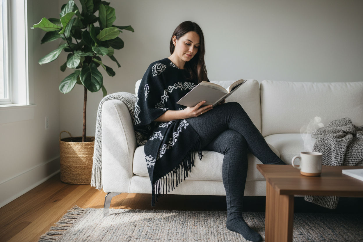 Poncho noir à la maison